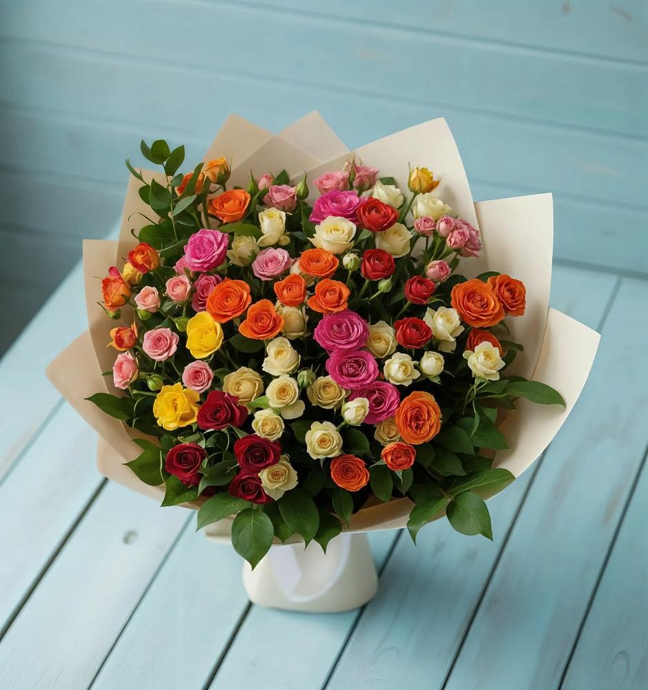 Букет Микс из разноцветных кустовых роз в Нижней Александровке